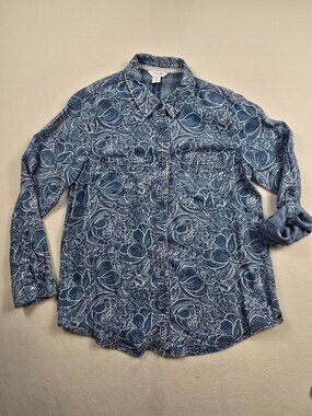 Intro Petite PM Medium Floral Button-Up Denim Shirt Blue